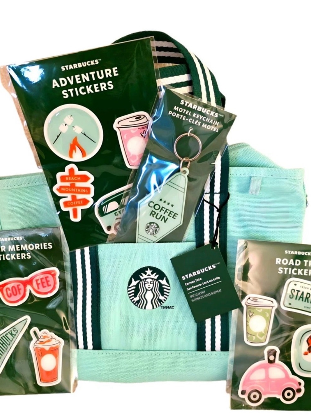 Starbucks Mint Green Canvas Tote 2026 keychain and Sticker Pack